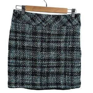 Loft Mini Skirt WMNS 4P Teal Plaid Wool Blend Tweed Straight Lined Dark Academia